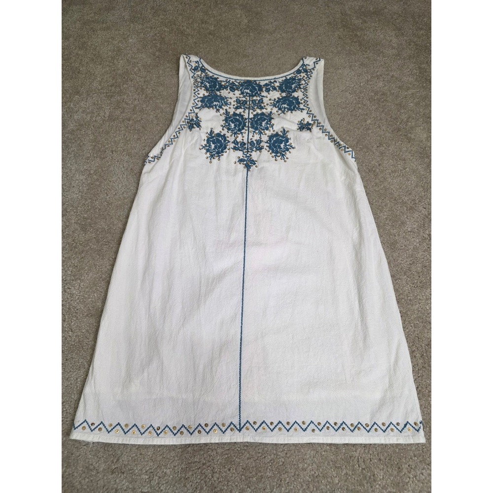 Free People White Blue Embroidered Sequin V-Back Tunic Top dress Cotton S